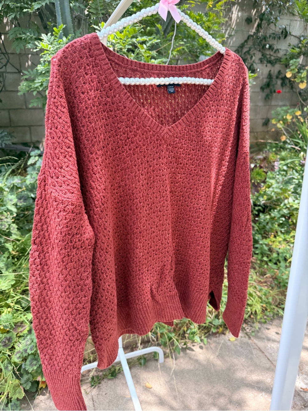 Women's V-Neck Knit Sweater - Rust